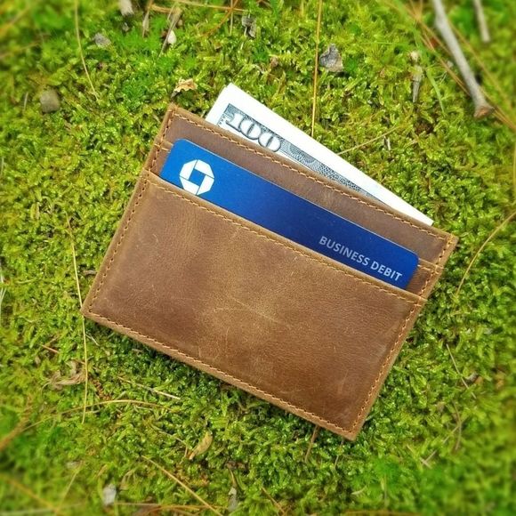 Men's Genuine Crazy Horse Leather Card Case Brown - Picture 1 of 5